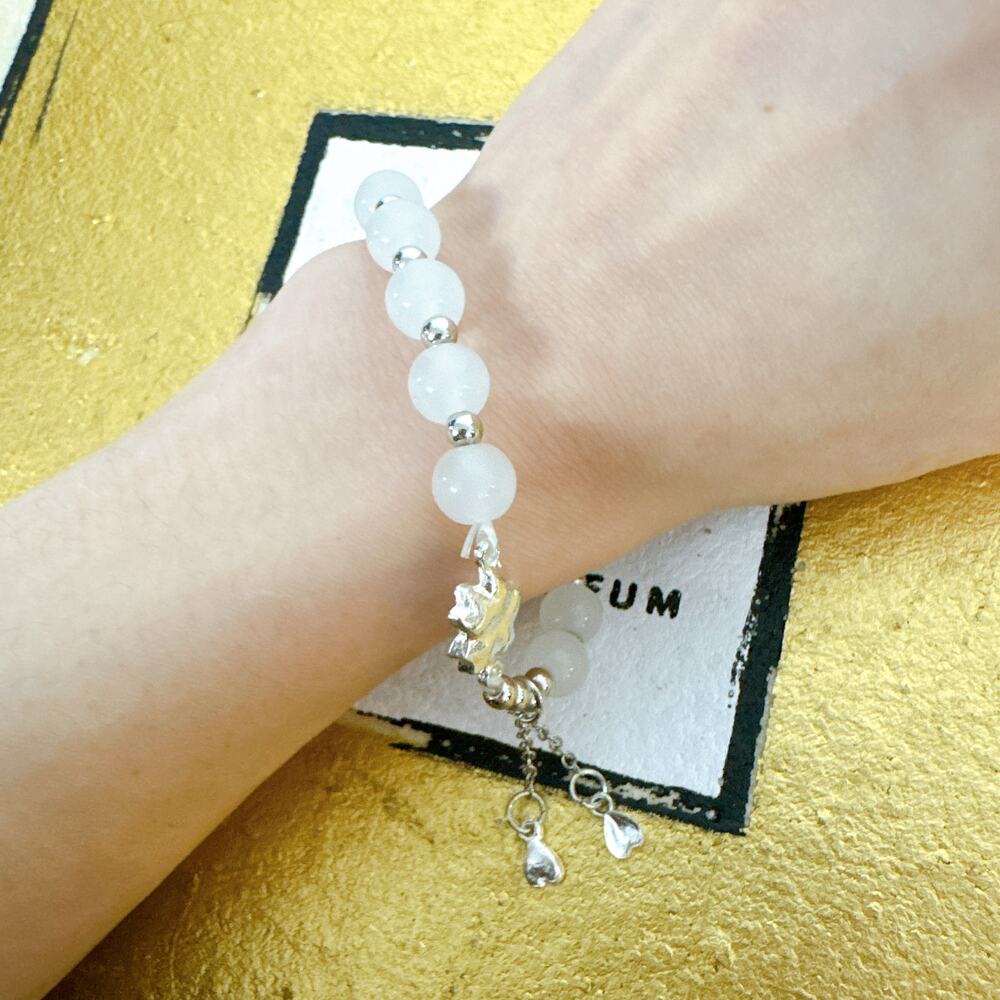 White Beaded Bracelet with Silver Star & Heart Charms, Adjustable